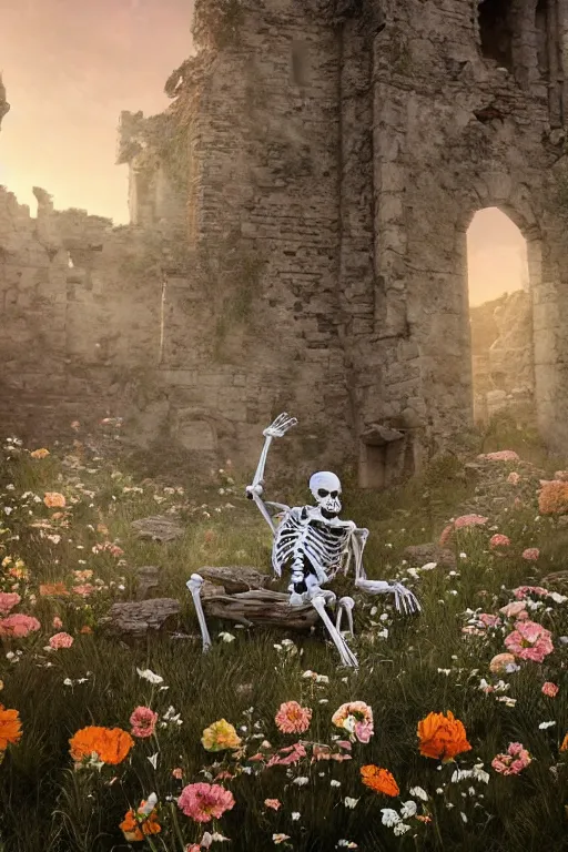 Prompt: a human skeleton full of flowers sitting in a destroyed and ruined throne in a ruined castle at sunrise, concept art, octane render, unreal engine 5, trending on Artstation, high quality, 8K, soft lighting, trending on DeviantArt, highly detailed, digital art, hyperrealistic, path traced, godrays, complementary colors, natural lighting, anatomically correct, five fingers