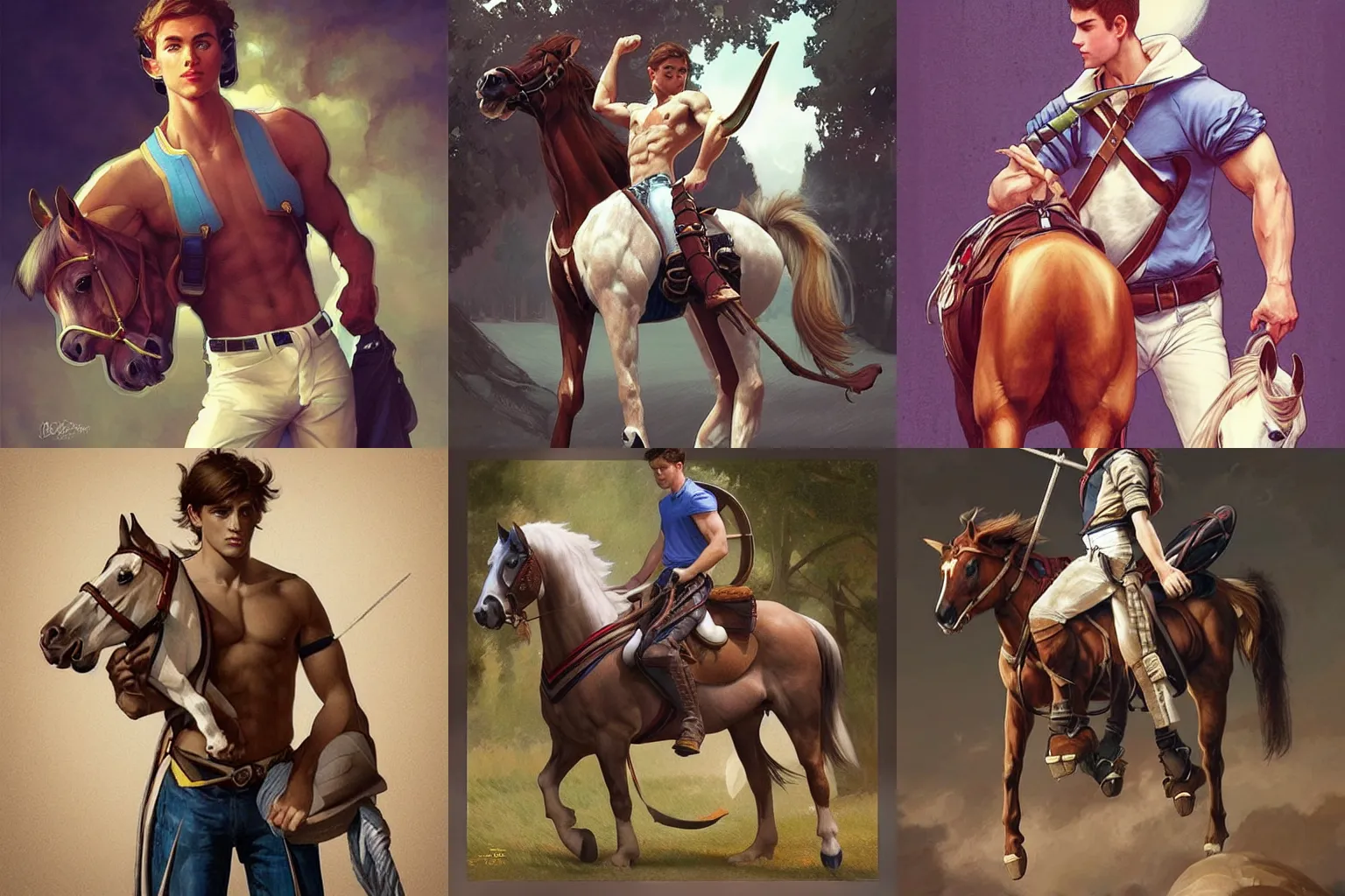 Prompt: “a preppy jock student with a horse instead of legs, muscular, centaur, D&D, fantasy, intricate, cinematic lighting, highly detailed, digital painting, artstation, concept art, smooth, sharp focus, illustration, art by Artgerm and Greg Rutkowski and Alphonse Mucha”