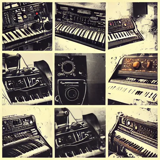 Image similar to “Collage of Old broken steampunk synthesizers with keyboard and audio meters. Lots of wires. Close-up. Scratched and torn old photographs”