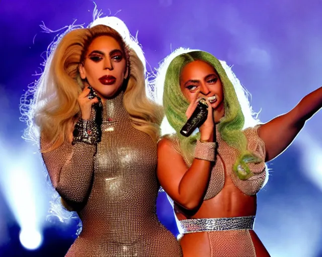 Image similar to Lady gaga and Beyonce perfom together at a concert, EOS 5D, ISO100, f/8, 1/125, 84mm, RAW Dual Pixel, Dolby Vision, HDR, AP, Featured