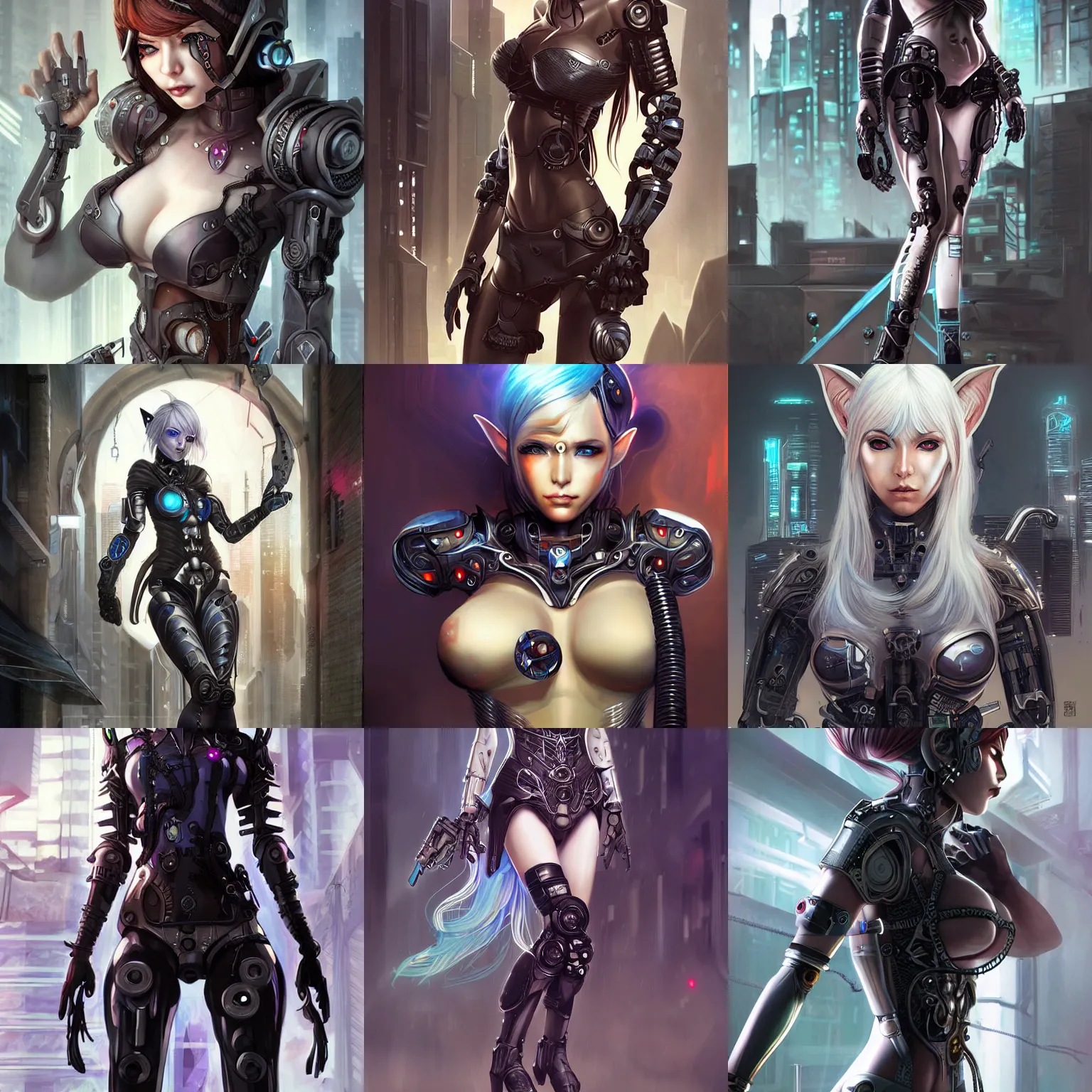 Prompt: beautiful female cyborg cyberpunk dark fantasy elf - catgirl character full - length image, concept art futuristic norse, anime art, intricate details, highly detailed photorealistic portrait in the style of adam hughes, seseon yoon, artgerm and warren louw
