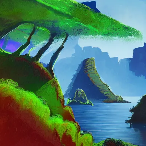 Image similar to digital artof a lush natural scene on an alien planet by lurid ( 2 0 2 2 ). beautiful landscape. weird vegetation. cliffs and water. interesting colour scheme. grainy and rough.