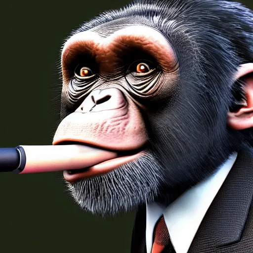 Image similar to a high detail shot of a chimp wearing a suit, smoking, unreal engine