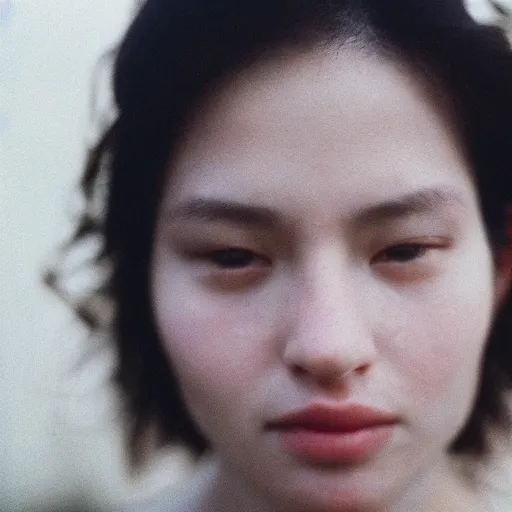 Prompt: a close - up of a woman's face, captured in low light with a soft focus. there is a gentle pink hue to the image, and the woman's features are lightly blurred. cinestill 8 0 0 t.