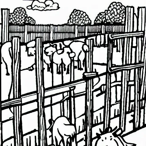 Prompt: farm animals in a fenced area, black and white, coloring book, line drawing