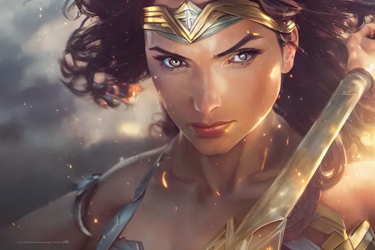 Prompt: wonder woman, single subject, scenic full shot, ambient lighting, detailed face, by makoto shinkai, stanley artgerm lau, wlop, rossdraws