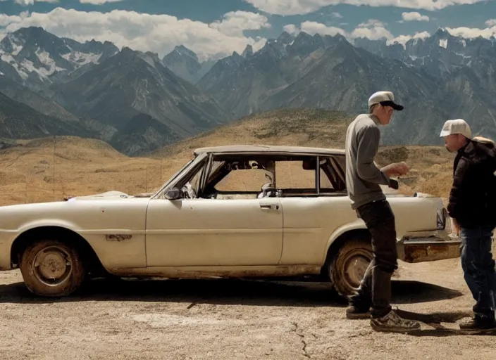 Image similar to a very high resolution image from a new movie, eminem shooting a car. mountains, directed by wes anderson