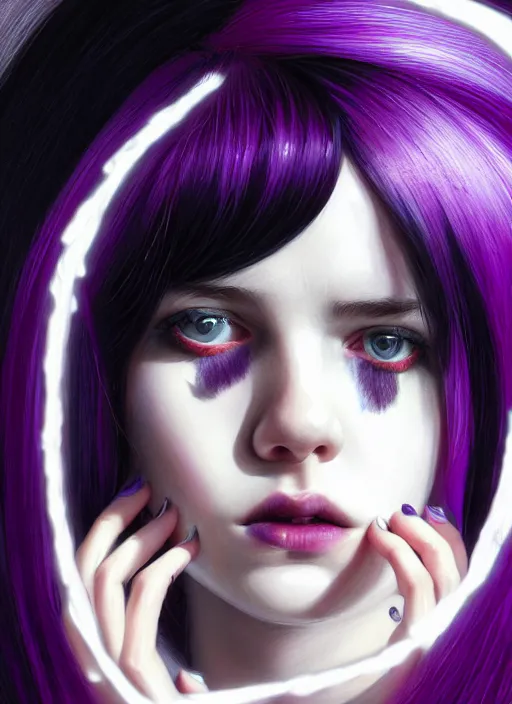 Image similar to portrait of teenage girl with white bangs, red irises, bangs, black and white hair, purple clothes, white bangs, two color hair, black hair and white bangs, intricate, elegant, glowing lights, highly detailed, digital painting, artstation, concept art, smooth, sharp focus, illustration, art by wlop, mars ravelo and greg rutkowski