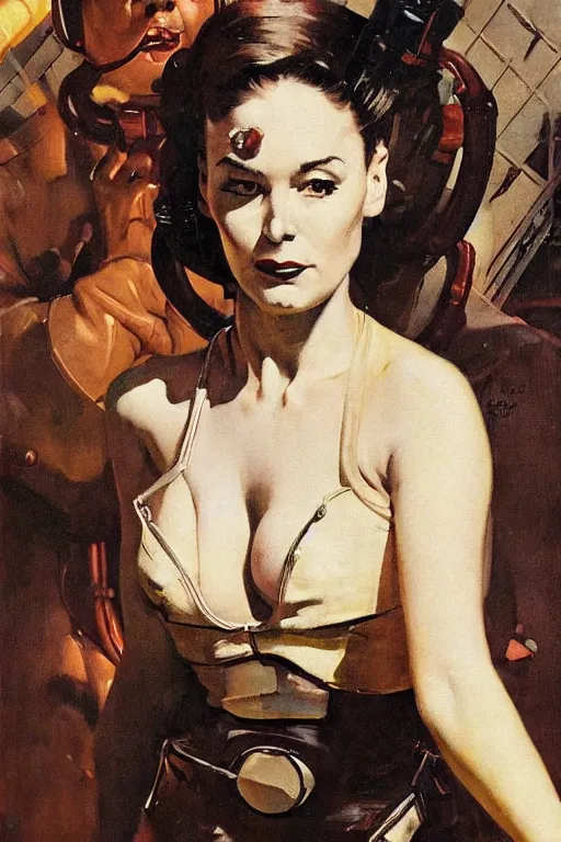 Image similar to 5 0 s pulp scifi fantasy illustration upper body portrait striking elegant mature woman in leather spacesuit by norman rockwell, roberto ferri, daniel gerhartz, edd cartier, jack kirby, howard v brown, ruan jia, tom lovell, frank r paul, jacob collins, dean cornwell, astounding stories, amazing, fantasy, other worlds