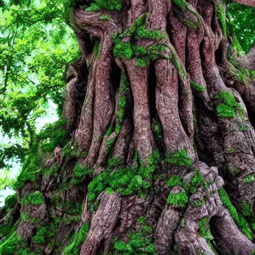 Image similar to deku tree from ocarina of time as a real tree, wide angle photo, full tree in frame, surrounded by rock walls, facial features on the tree look like an older man