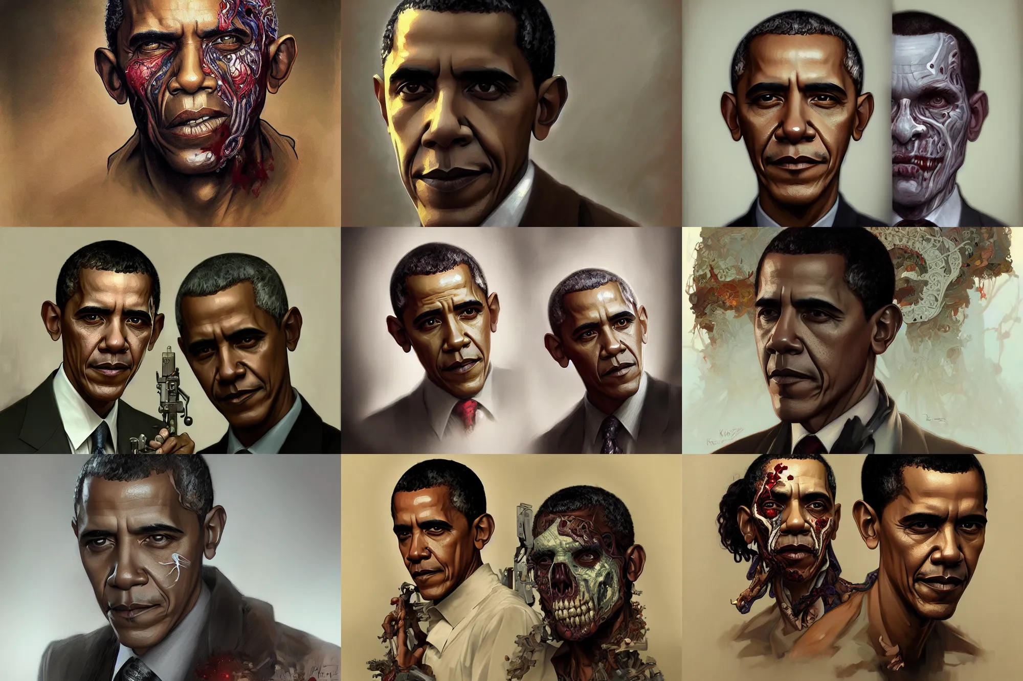 Prompt: portrait of a Barack Obama zombie, intricate, elegant, highly detailed, digital painting, artstation, concept art, smooth, sharp focus, illustration, art by Krenz Cushart and Artem Demura and alphonse mucha