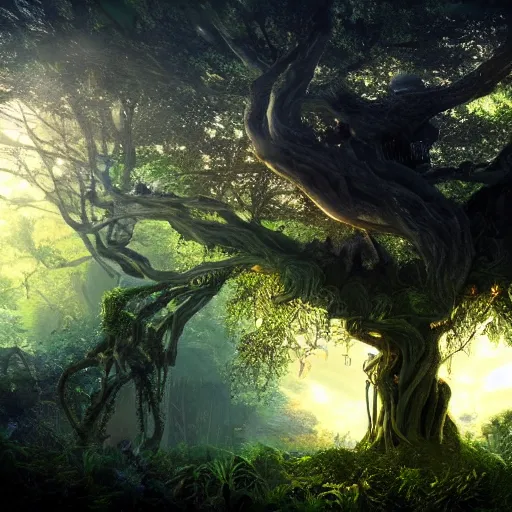 Image similar to ominous, portal to another dimension embedded in a beautiful tree in a densely overgrown jungle, fantasy, dreamlike sunrise volumetric lighting, ultra realistic, atmospheric, stopped in time, epic