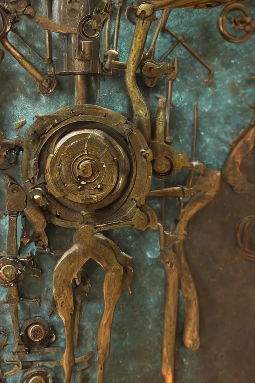 Image similar to a martian artifact of a mechanical astrological machine in a museum with a description placard, bronze, old, alien, verdigris, mechanical