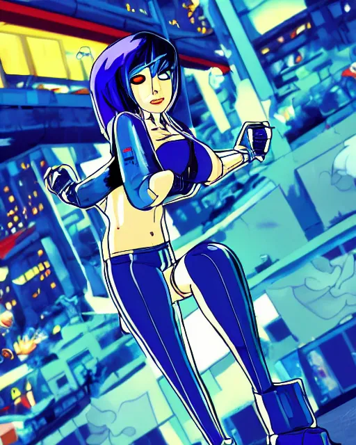 Image similar to cel shaded art of a pretty blue haired girl, jet grind radio graphics, cyberpunk city street background