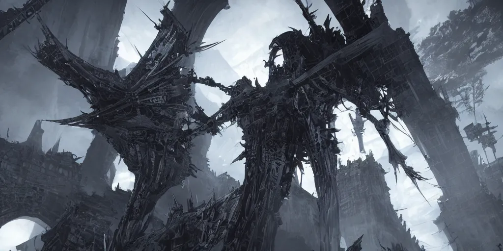 Image similar to grimdark tsutomu nihei blame biomega gothic architecture, unreal engine, 8 k, ultra realistic, ultra detail