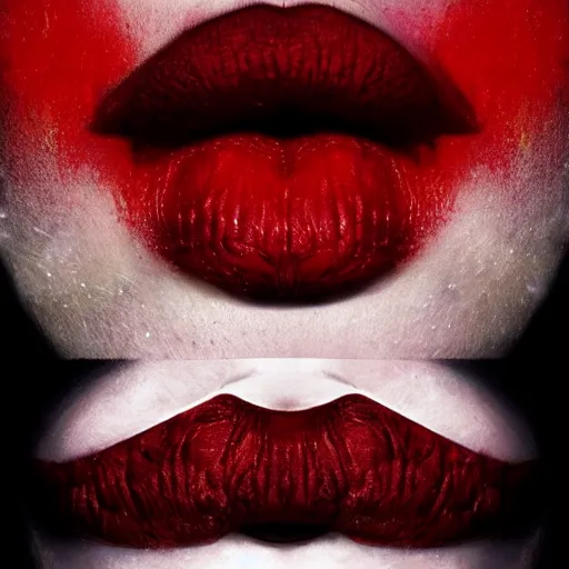 Image similar to lips sewn shut surrounded by red curtains by Conrad Roset and Nicola Samuri, close-up shot, rule of thirds, seductive look, beautiful, intricate, dystopian, sci-fi, extremely detailed, digital painting, artstation, concept art, smooth, sharp focus, illustration, intimidating lighting, incredible art, details visible, very dark ambiance