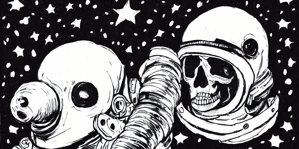 Image similar to ink portrait of a skull wearing a space helmet, chinese brush pen illustration, scifi, big clouds visible in the background, stars in the sky, high contrast, deep black tones