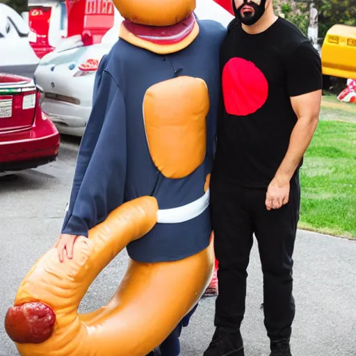 Prompt: drake hugging a giant hotdog man