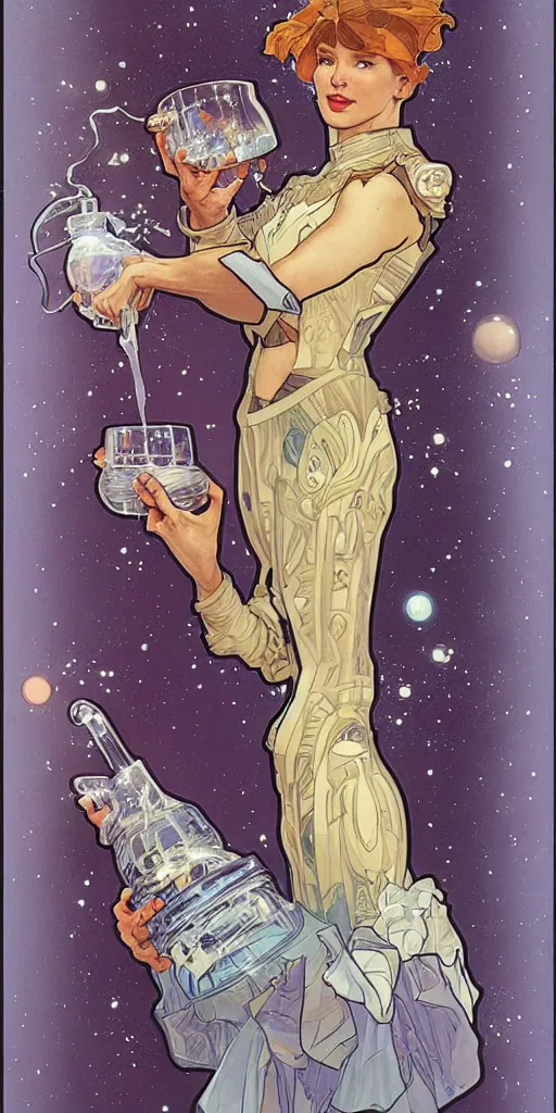 Image similar to a woman wearing outer space as a dress, pouring water from a vase into the milky way, by travis charest, by alphonse mucha, battle chasers.