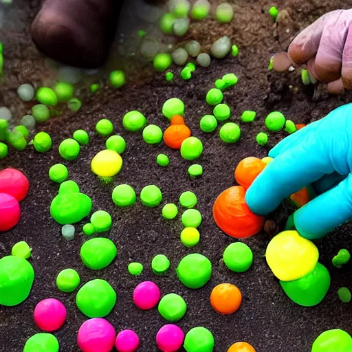 Image similar to a farmer of colorful blobs made of translucent slime trapping them and putting them in a pen