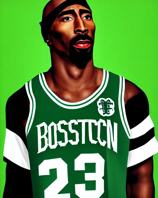 Image similar to portrait of tupac shakur, boston celtics jersey number 3 4, green, white, cartoon digital art, oil on canvas, trending on artstation, octane render