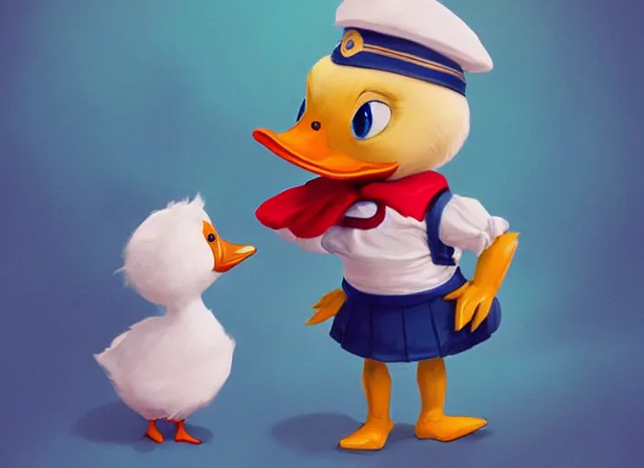 Image similar to award - winning detailed concept art of a cute iconic anthropomorphic little duck character wearing a sailor suit. art by wlop on bcy. net, realistic. detailed feathers, art by cheng yi. artstationhd, artgerm, disney pixar