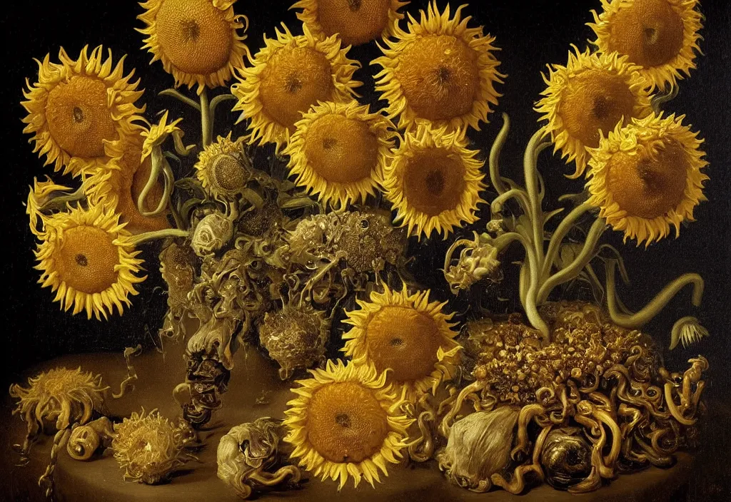 Image similar to dutch golden age bizarre sunflower portrait made from flower floral still life with many perceptive eyes very detailed fungus disturbing fractal forms sprouting up everywhere by rachel ruysch black background chiaroscuro dramatic lighting perfect composition high definition 8 k 1 0 8 0 p oil painting with black background by christian rex van dali todd schorr of a chiaroscuro portrait recursive masterpiece