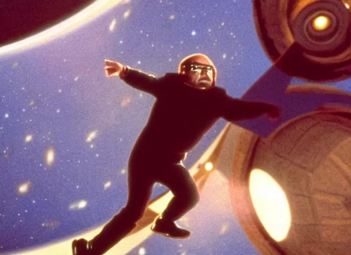 Image similar to film still of young old Cheech Marin flying through wormhole as Dr. Dave Bowman in 2001 A Space Odyssey