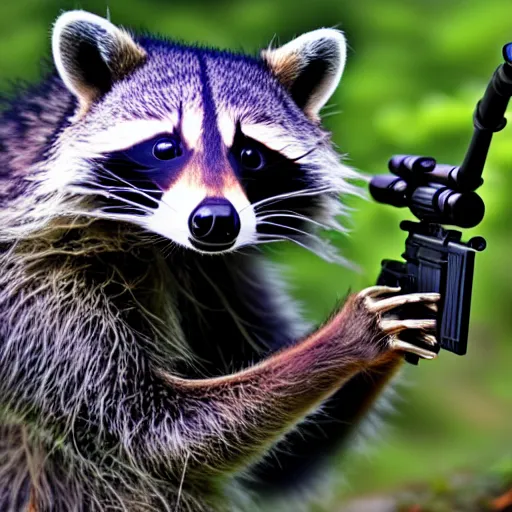 Prompt: raccoon with a sniper rifle, photo, detailed, 4 k