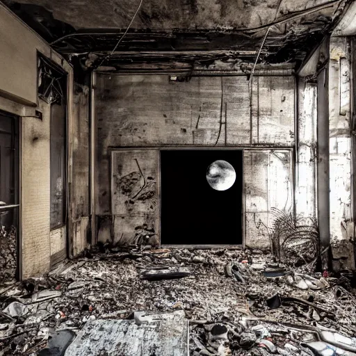 Prompt: a black hole forming in the grimy grungy basement of an abandoned apartment black