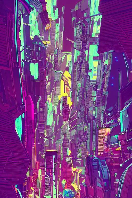 Image similar to astronaut cyberpunk surreal upside down city, neon lights, sharp edges, flat colors, cell shaded by moebius, Jean Giraud, trending on artstation