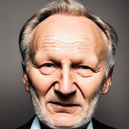 Image similar to an elderly stellan skarsgard poses for a portrait, he has long grey hair and beard, wearing black armor and holding sword