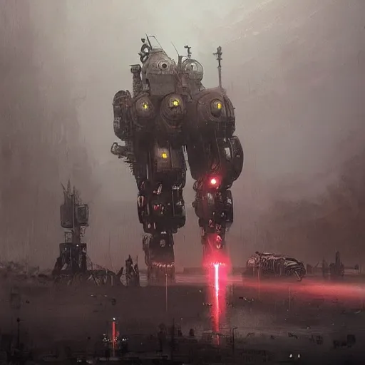 Image similar to gigantic steampunk mecha, industrial machine, colored light beams, dense fog, trending on artstation, jakub rozalski