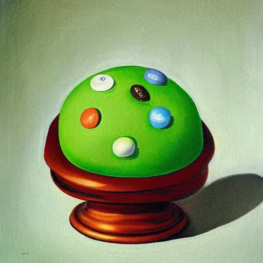 Prompt: a grant wood painting of the green m & m, oil on canvas, art