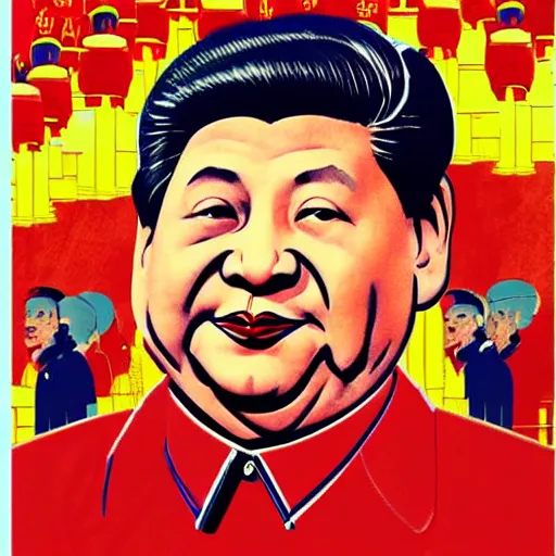 Image similar to xi jinping as communist clown, soviet propaganda style, vivid colors, detailed lines, dominating red color, detailed portrait