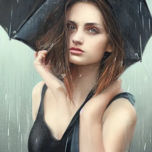 Image similar to a beautiful toned woman in rain, aesthetic, oil painting, pale colors, high detail, 8 k, wide angle, trending on artstation,