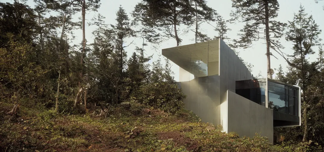 Prompt: house by rem koolhaas on mt. tam. fujinon premista 1 9 - 4 5 mm t 2. 9. portra 8 0 0.