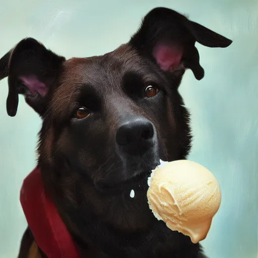 Prompt: drops of ice cream dripping from the top of the nose of a dog, highly realistic photography, high quality, artstation, oil painting