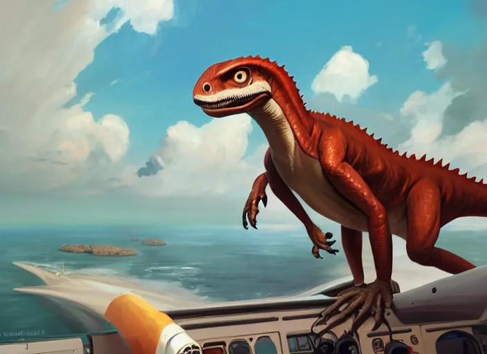 Prompt: character portrait feature of the anthro male anthropomorphic velociraptor dino fursona wearing airline pilot outfit uniform professional pilot character design stylized by charlie bowater, ross tran, artgerm, and makoto shinkai, detailed, soft lighting, rendered in octane, maldives in background