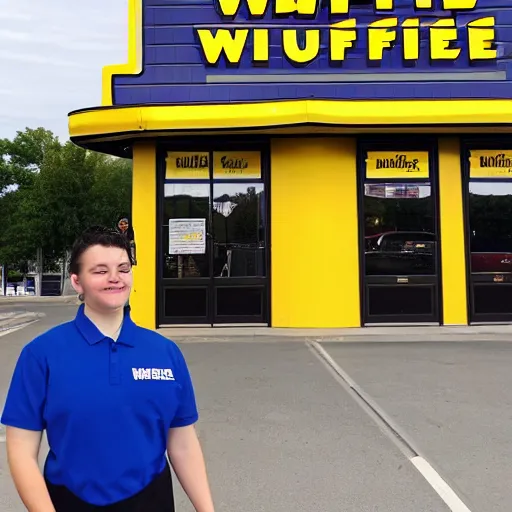 Image similar to wafflehouse employee's standing below wafflehouse sign, employees uniform is blue and black with yellow name tags