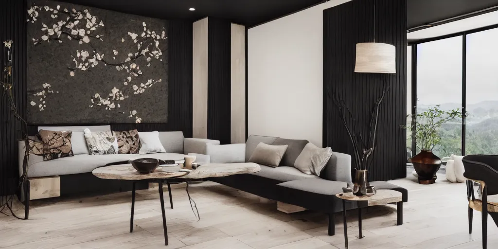 Image similar to lounge and dining room, stone, interior design, stylish luxury hotel living room design, yakisugi, black vertical slatted timber, textures, feminine, black walls, art, Japanese pottery vase with flowers, kakejiku, seasonal, Japanese influences