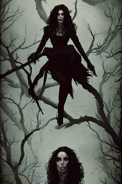 Image similar to yennefer of vengerberg in sleepy hollow, full body, big two toned eyes, teeth gritted, horror, intricate details, cinematic, epic, realistic, anatomy, tomer hanuka, uplight, artstation, photorealistic, scary