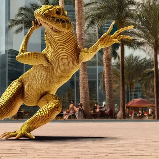 Image similar to High Resolution!! reptilian Tiktok Influencer dancing in Dubai, photorealistic, 8K, nofilter, hyperrealistic