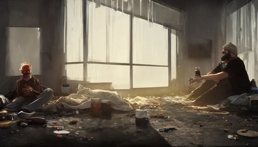 Image similar to homeless man drinking beers in an old abandoned motel, heat wave, sunlight through broken windows, curtains on the dusty floor, bottles, hyperdetailed, artstation, cgsociety, 8 k