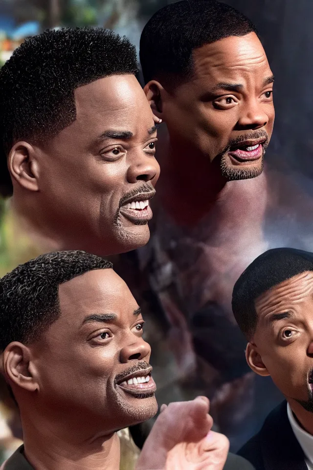 Image similar to Chris Rock Slapping Will Smith In The Face, Closeup Shot, photorealistic, hyperrealistic, HDR, octane render