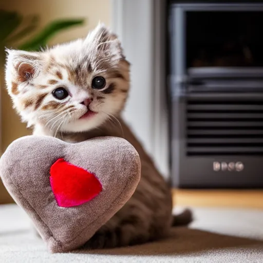 Image similar to A cute little kitten sits on the top of a plush heart-shaped pillow near fireplace, Canon EOS R3, f/1.4, ISO 200, 1/160s, 8K, RAW, unedited, symmetrical balance, in-frame