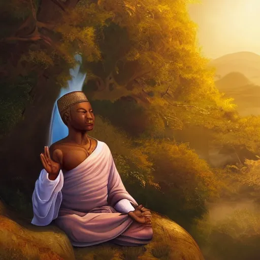 Image similar to contented peaceful nigerian!! bodhisattva, praying meditating, in a scenic environment, detailed, golden hour, realism, artstation trending, digital art