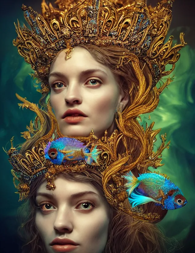 Image similar to blurred background. close-up portrait of a goddess in crown made of skulls. betta fish, phoenix, bioluminiscent creature, super intricate ornaments, by Anne Bachelier by Anka Zhuravleva, Anato Finnstark and Alena Aenami, Bruno Walpoth. unreal engine