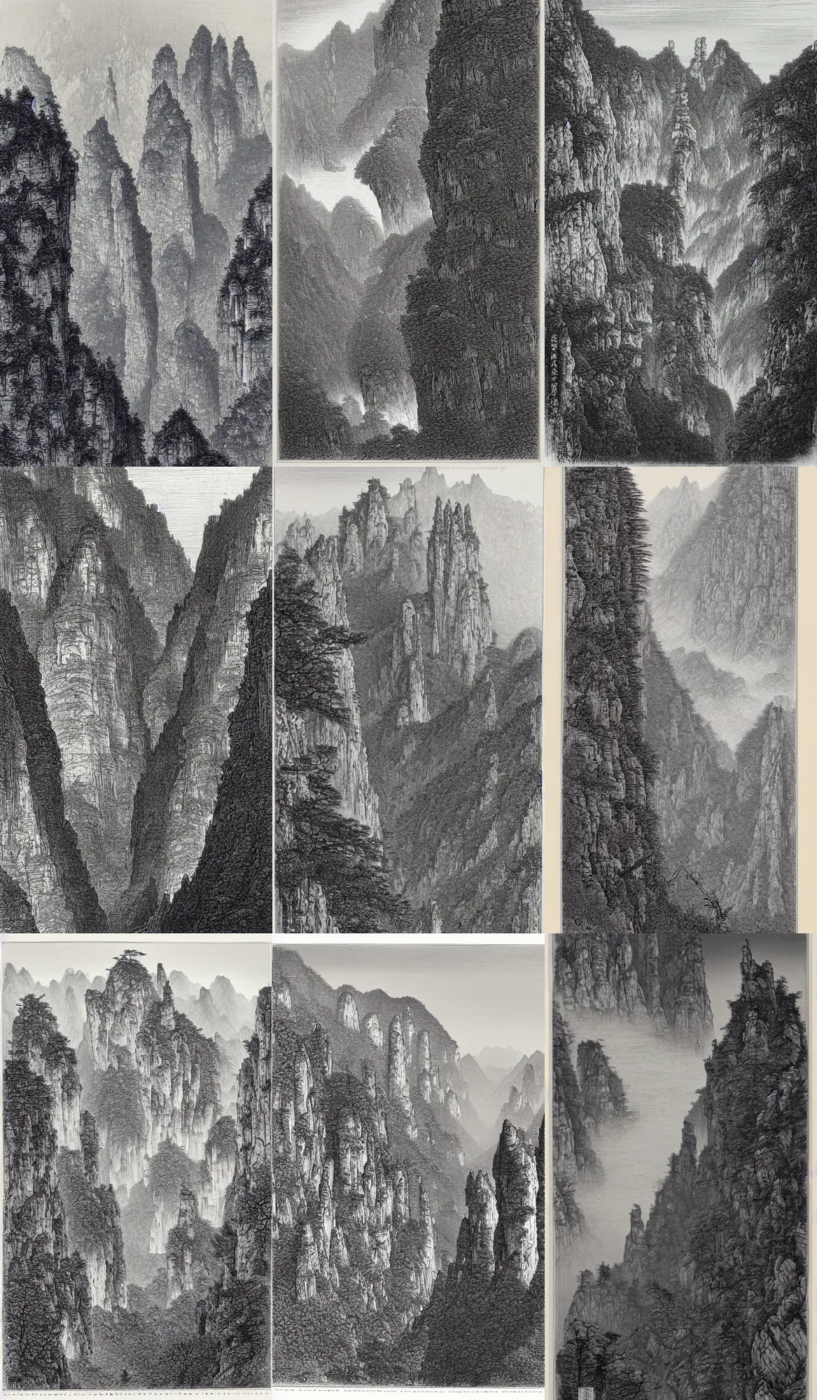 Prompt: an engraving of southern sky column, zhangjiajie national forest park by gustave dore, highly detailed, shan shui, chinese landscape, lithograph engraving