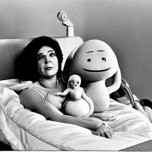 Prompt: woman who has given birth to a squishy inflatable toy, in hospital bed, 1974 Fellini film, archival footage, technicolor film, 16mm, wacky children's tv with anthropomorphic animal